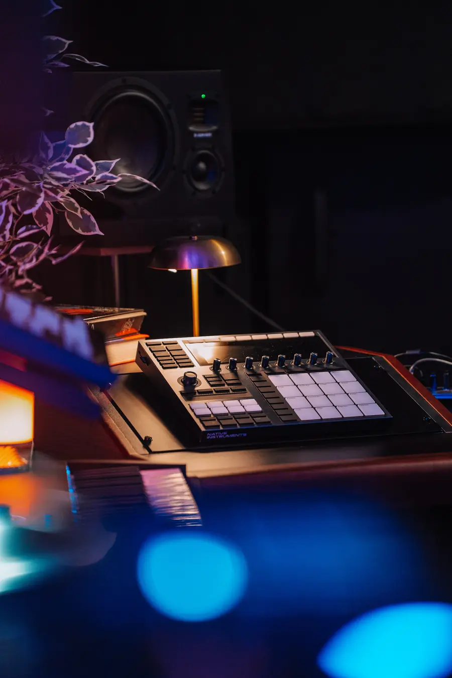 Maschine Studio under a brass desk lamp in front of an ADAM Audio monitor